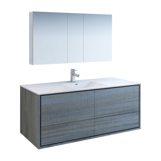 Catania 60 Ocean Gray Wall Hung Single Sink Bathroom Vanity w/ Medicine Cabinet