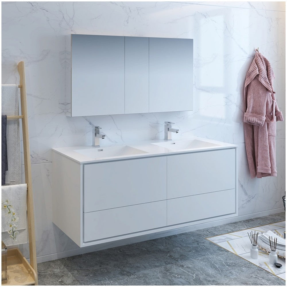 Catania 60 White Wall Hung Double Sink Bathroom Vanity w/ Medicine Cabinet