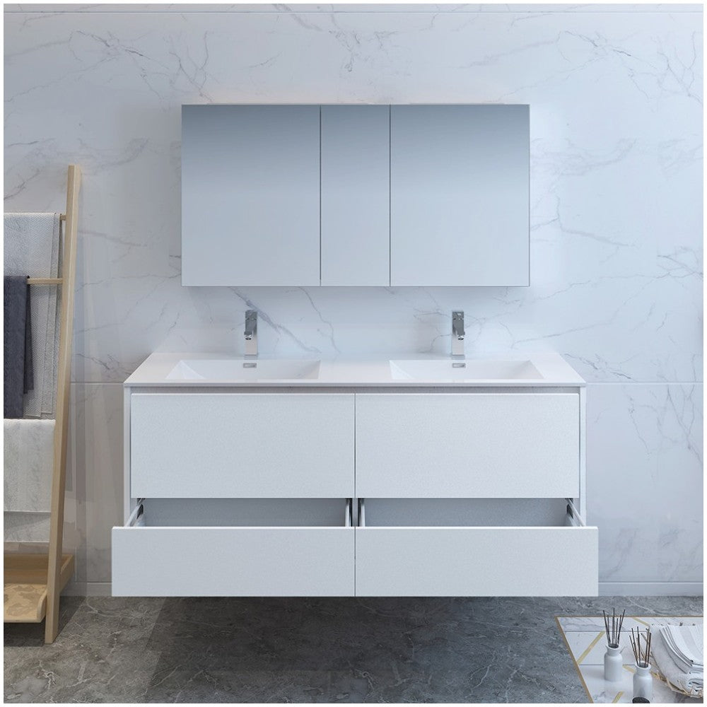 Catania 60 White Wall Hung Double Sink Bathroom Vanity w/ Medicine Cabinet