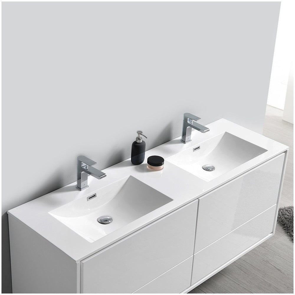 Catania 60 White Wall Hung Modern Bathroom Cabinet w/ Integrated Double Sink