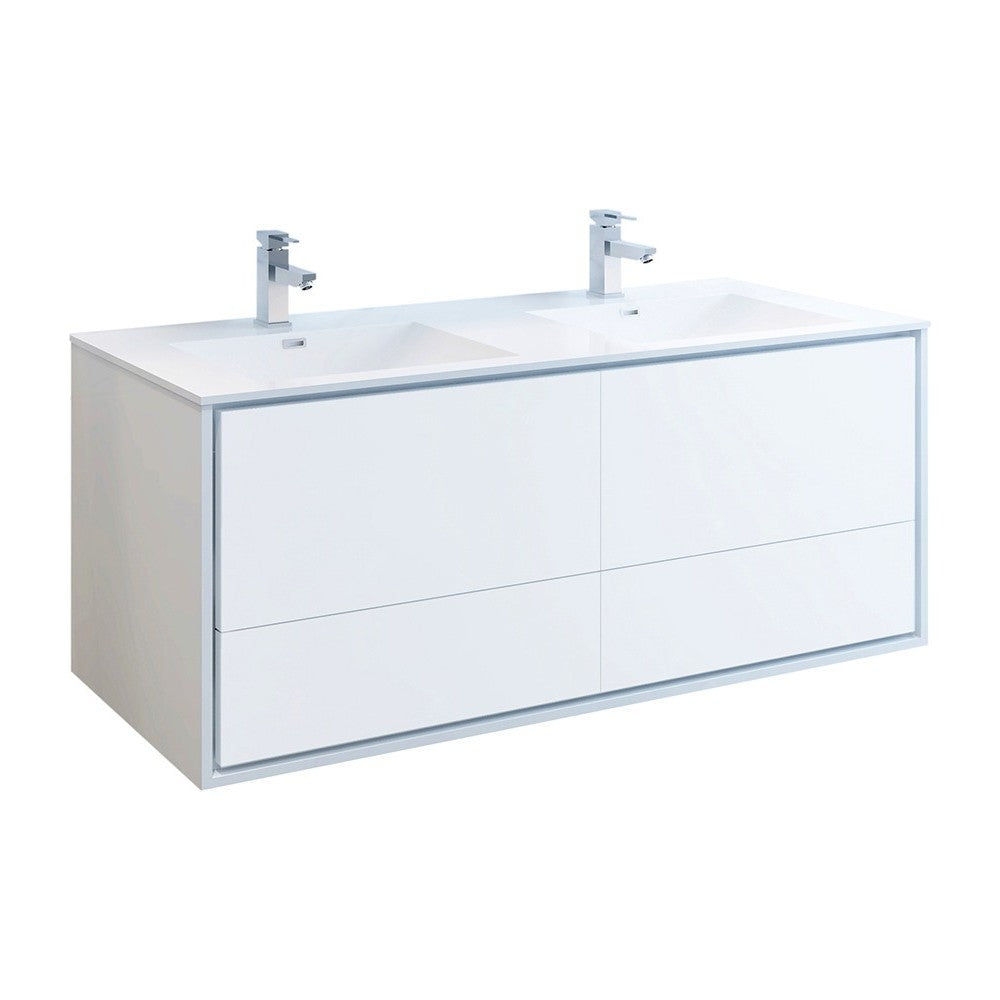 Catania 60 White Wall Hung Modern Bathroom Cabinet w/ Integrated Double Sink