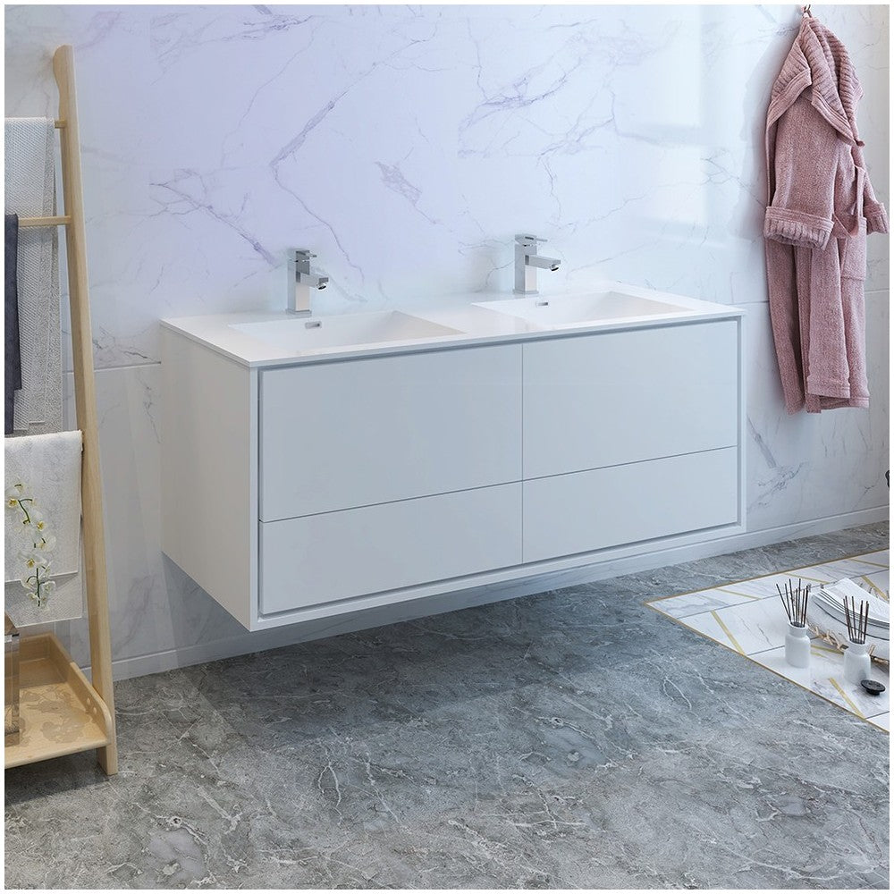 Catania 60 White Wall Hung Modern Bathroom Cabinet w/ Integrated Double Sink