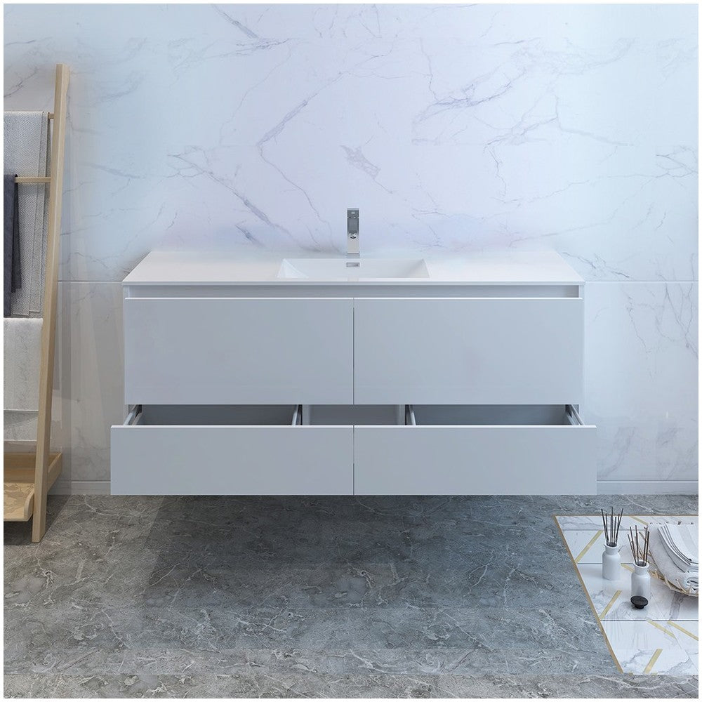 Catania 60 White Wall Hung Modern Bathroom Cabinet w/ Integrated Single Sink