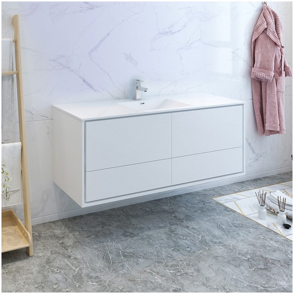 Catania 60 White Wall Hung Modern Bathroom Cabinet w/ Integrated Single Sink