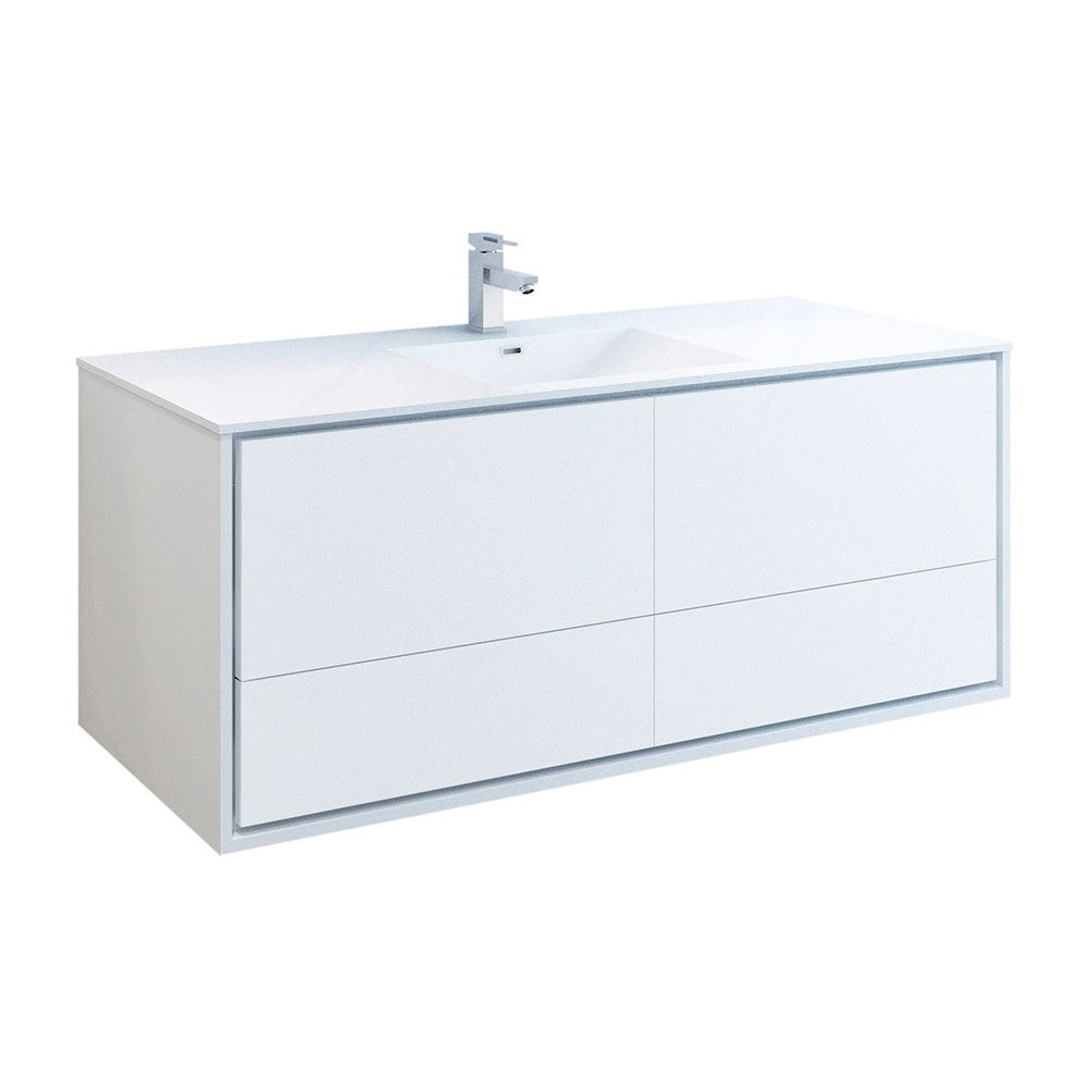 Catania 60 White Wall Hung Modern Bathroom Cabinet w/ Integrated Single Sink