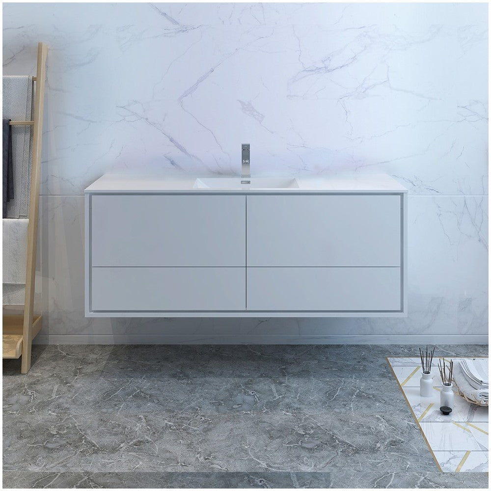Catania 60 White Wall Hung Modern Bathroom Cabinet w/ Integrated Single Sink