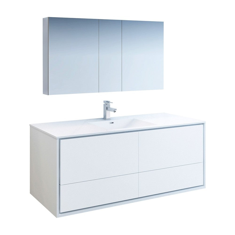 Catania 60 White Wall Hung Single Sink Bathroom Vanity w/ Medicine Cabinet