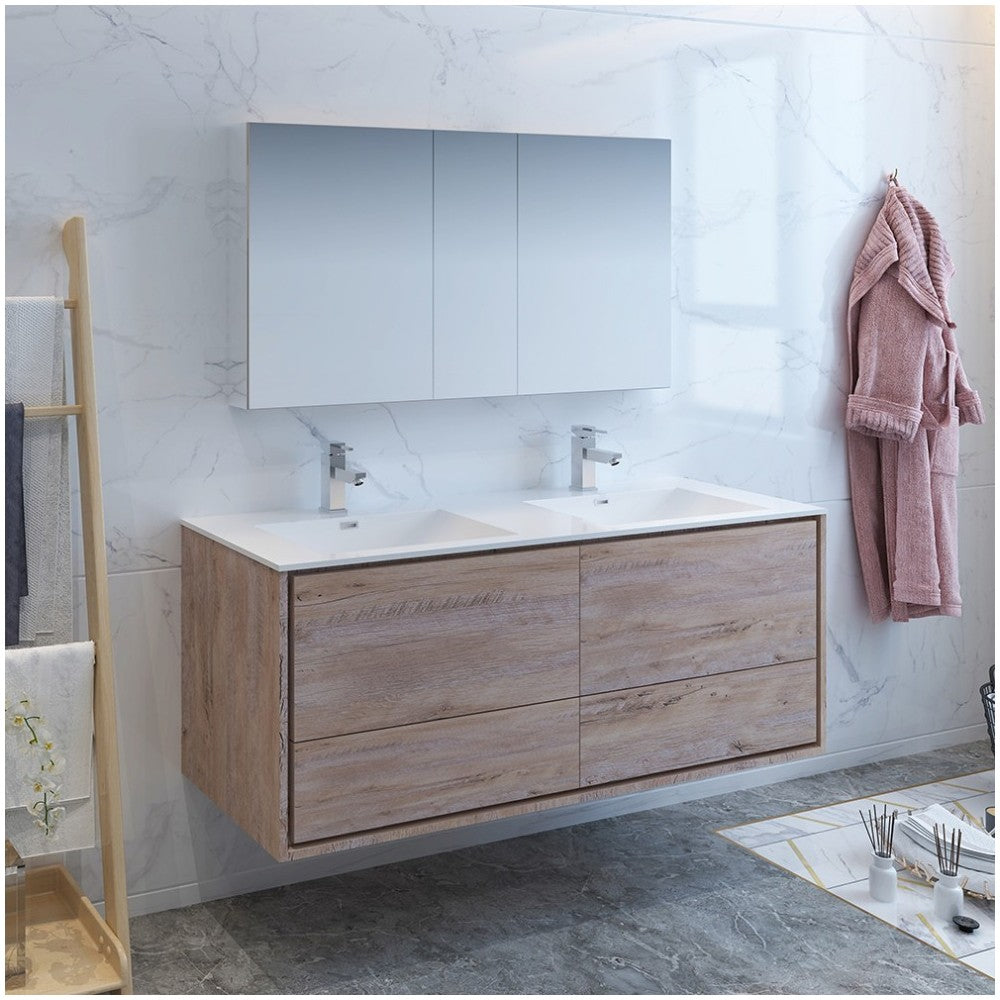 Catania 60 Wood Wall Hung Double Sink Bathroom Vanity w/ Medicine Cabinet