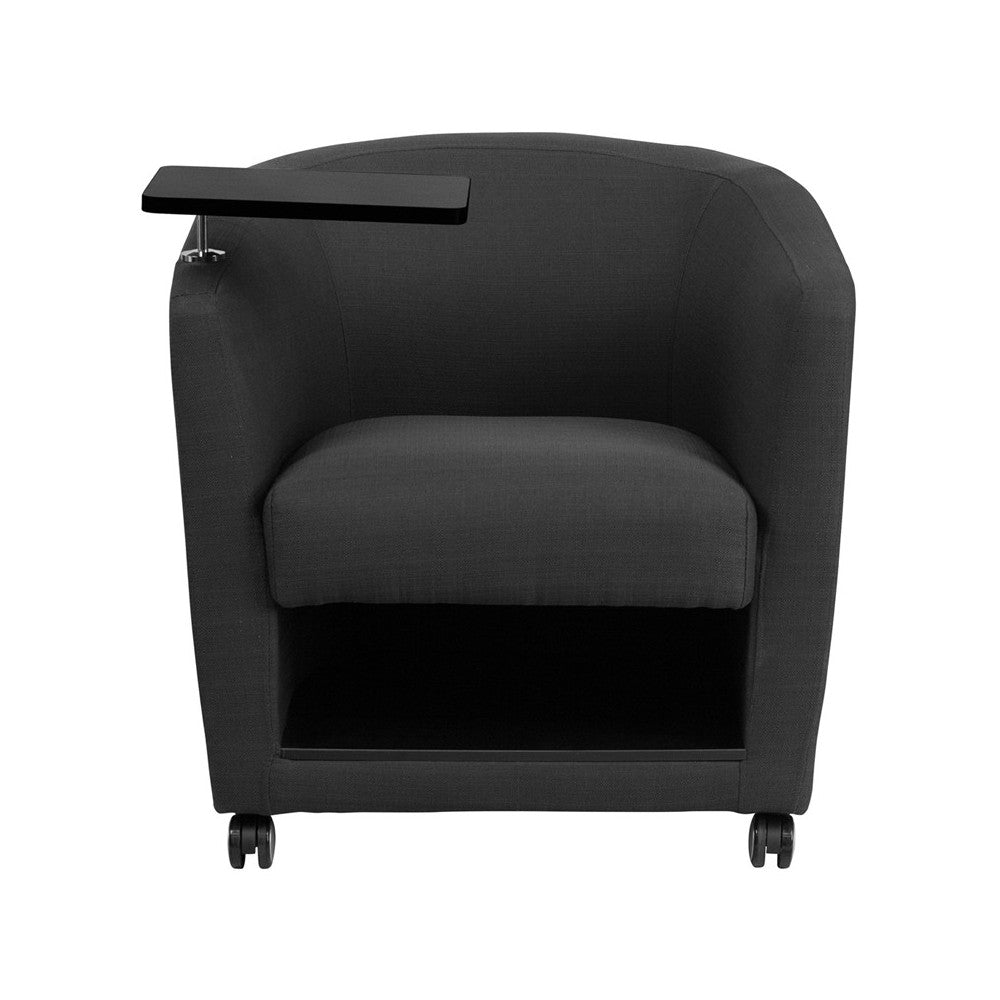 Charcoal Gray Fabric Guest Chair with Tablet Arm, Front Wheel Casters and Under Seat Storage