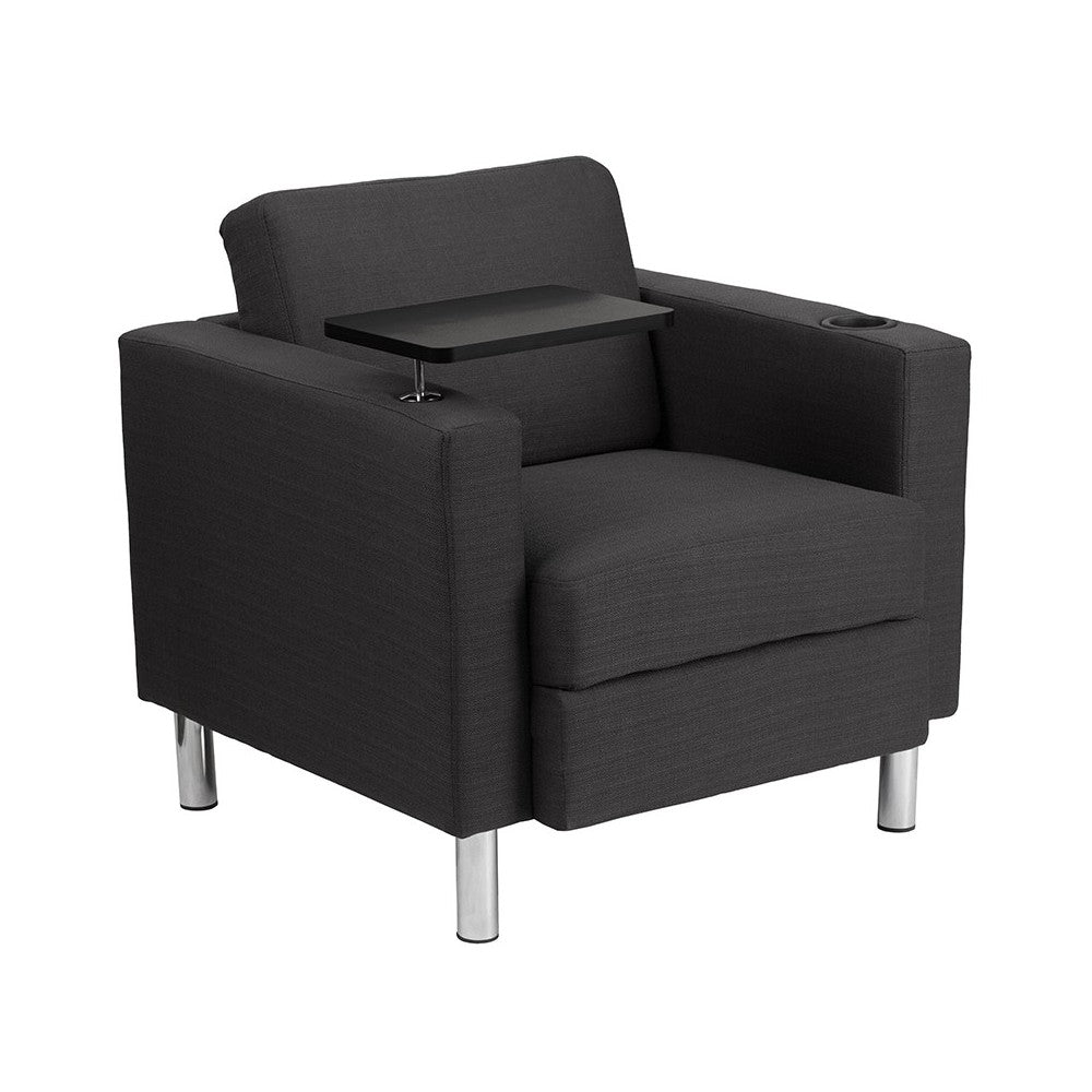 Charcoal Gray Fabric Guest Chair with Tablet Arm, Tall Chrome Legs and Cup Holder