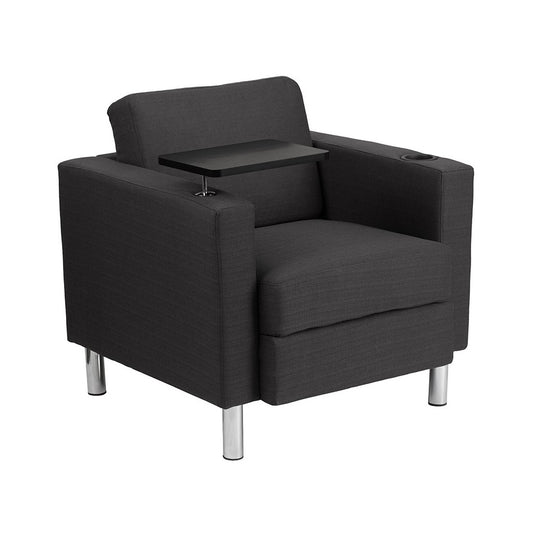 Charcoal Gray Fabric Guest Chair with Tablet Arm, Tall Chrome Legs and Cup Holder
