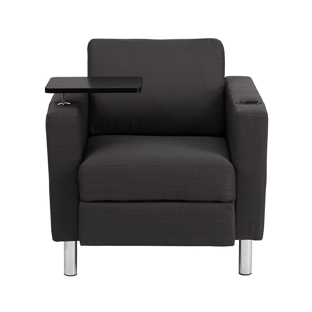 Charcoal Gray Fabric Guest Chair with Tablet Arm, Tall Chrome Legs and Cup Holder