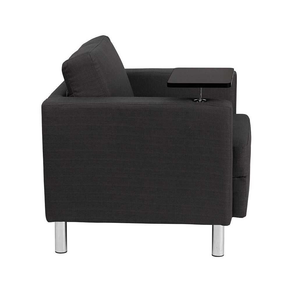 Charcoal Gray Fabric Guest Chair with Tablet Arm, Tall Chrome Legs and Cup Holder