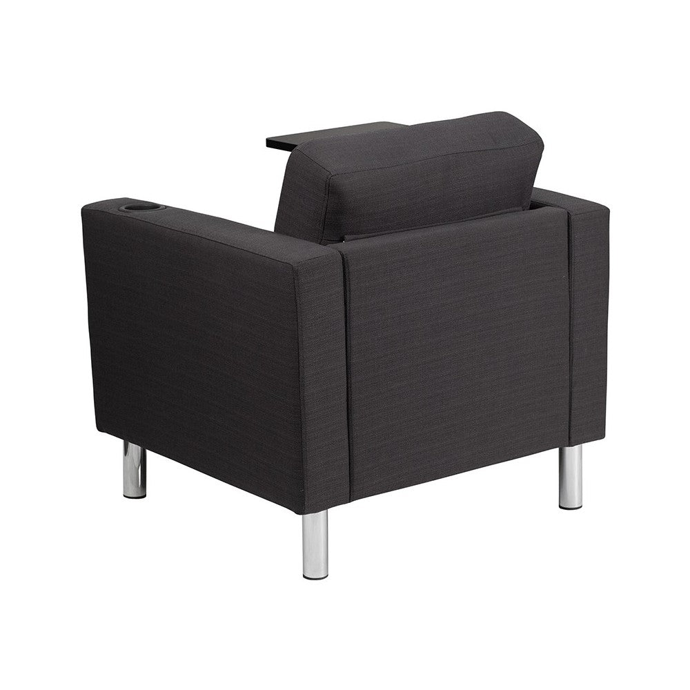 Charcoal Gray Fabric Guest Chair with Tablet Arm, Tall Chrome Legs and Cup Holder