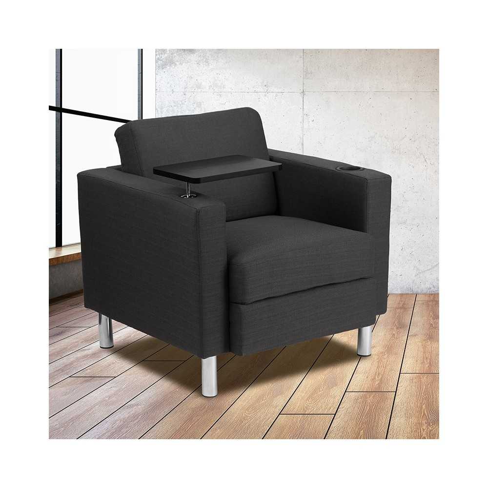Charcoal Gray Fabric Guest Chair with Tablet Arm, Tall Chrome Legs and Cup Holder