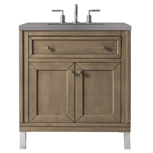 Chicago 30" Single Vanity, Whitewashed Walnut w/ 3 CM Gray Expo Quartz Top