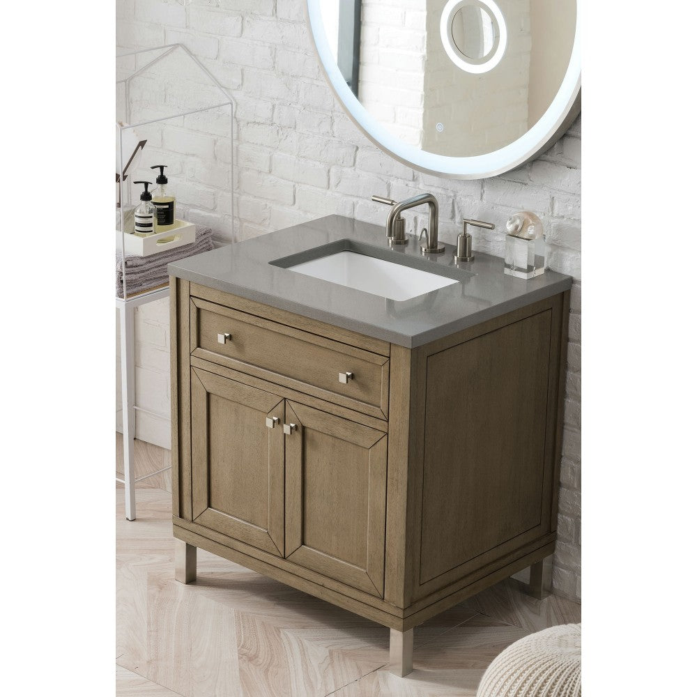 Chicago 30" Single Vanity, Whitewashed Walnut w/ 3 CM Gray Expo Quartz Top