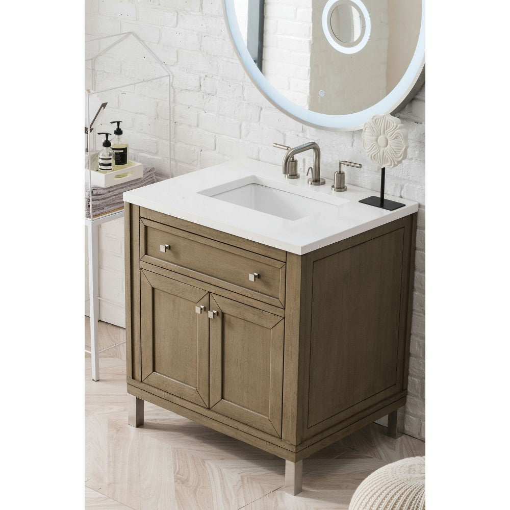 Chicago 30" Single Vanity, Whitewashed Walnut w/ 3 CM Classic White Quartz Top