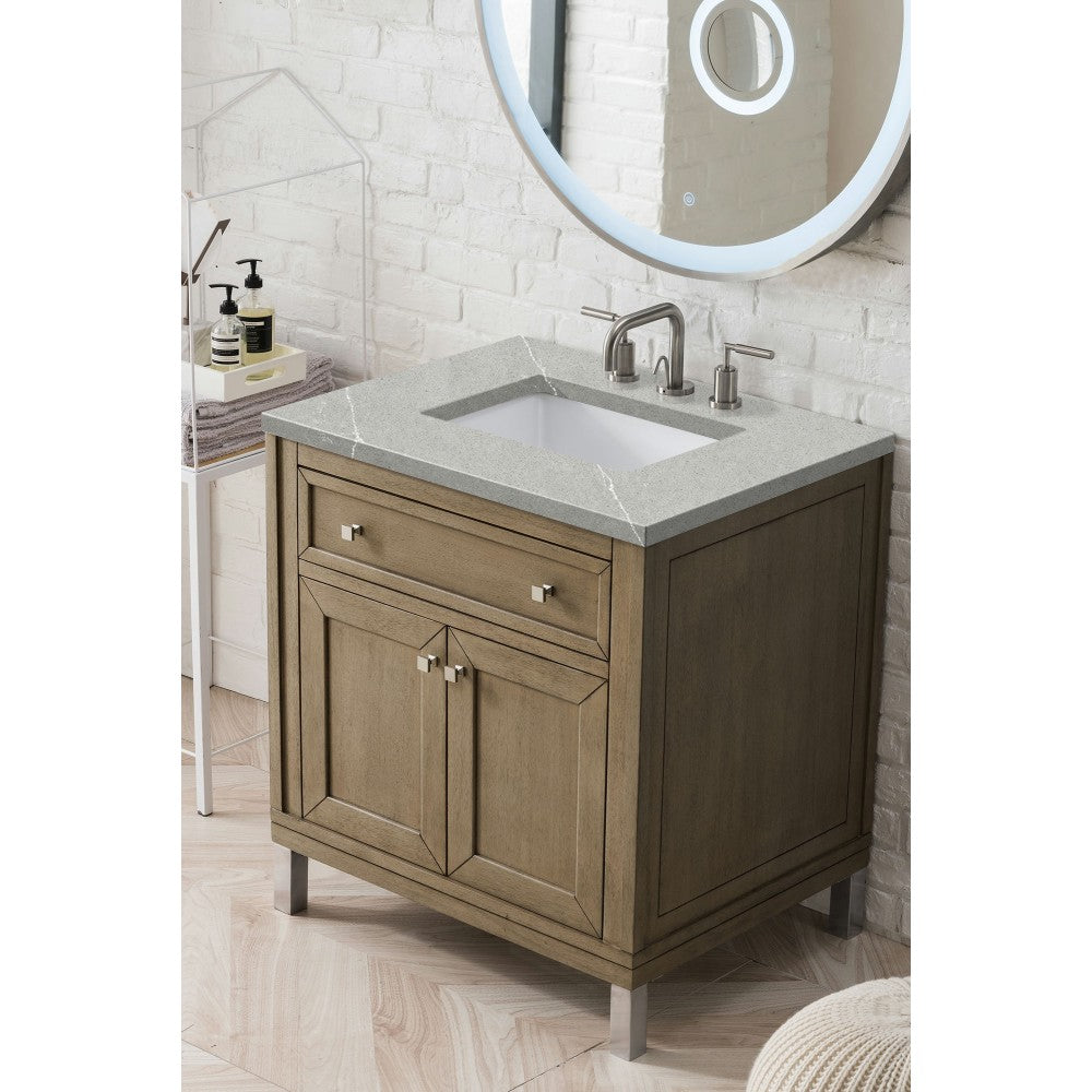 Chicago 30" Single Vanity, Whitewashed Walnut w/ 3 CM Eternal Serena Quartz Top