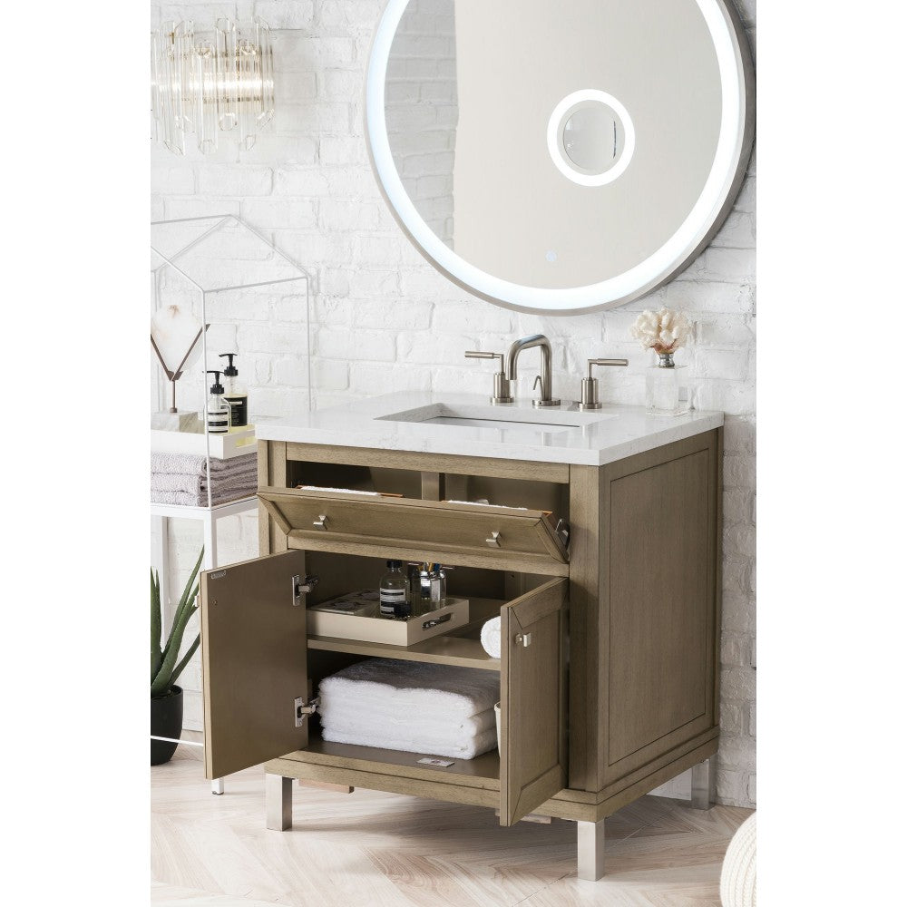 Chicago 30" Single Vanity Whitewashed Walnut w/ 3 CM Jasmine Pearl Quartz Top