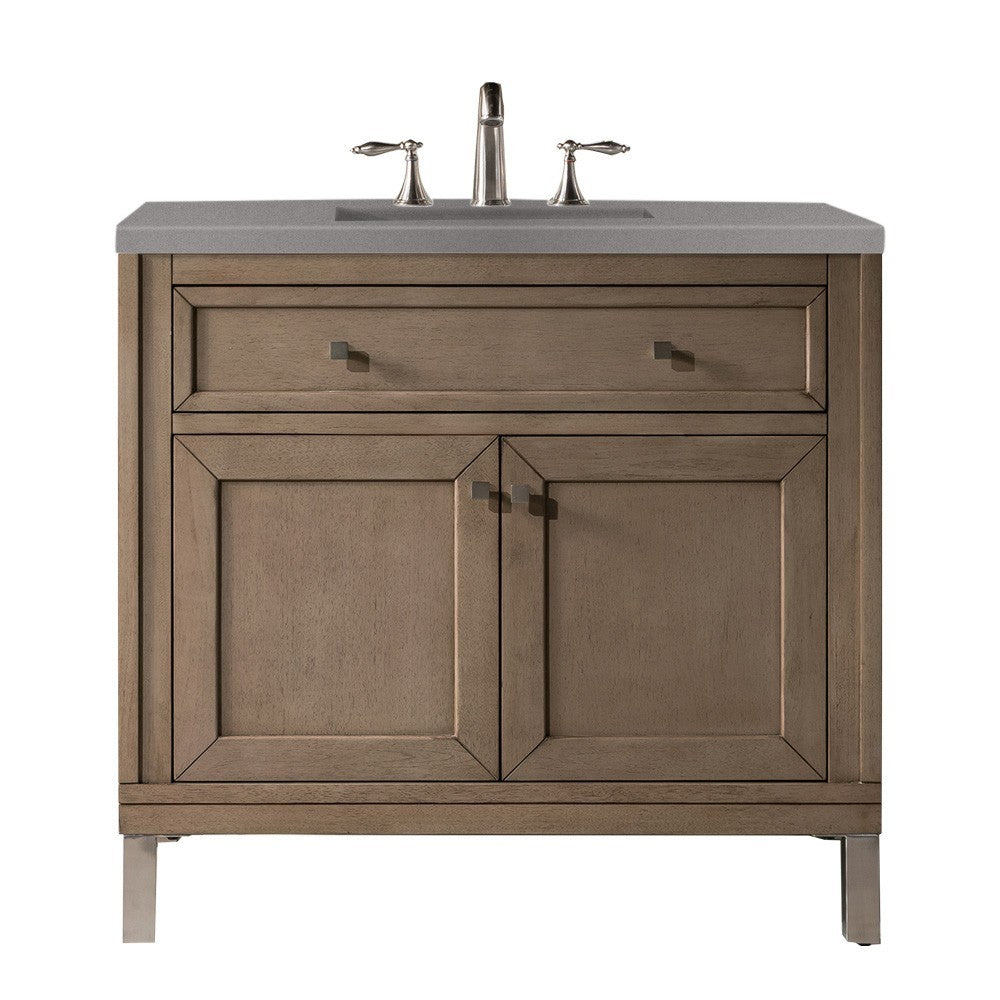 Chicago 36" Single Vanity, Whitewashed Walnut w/ 3 CM Gray Expo Quartz Top