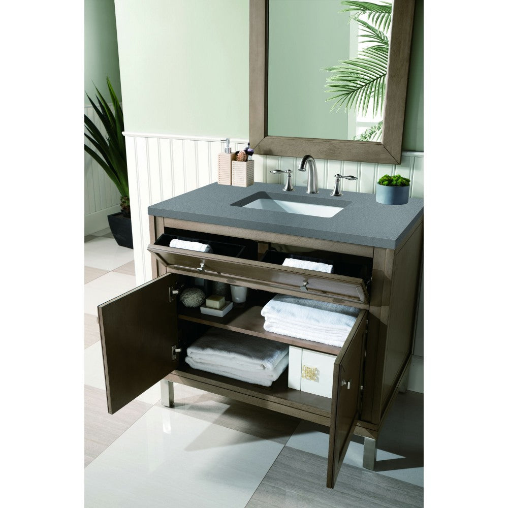 Chicago 36" Single Vanity, Whitewashed Walnut w/ 3 CM Gray Expo Quartz Top