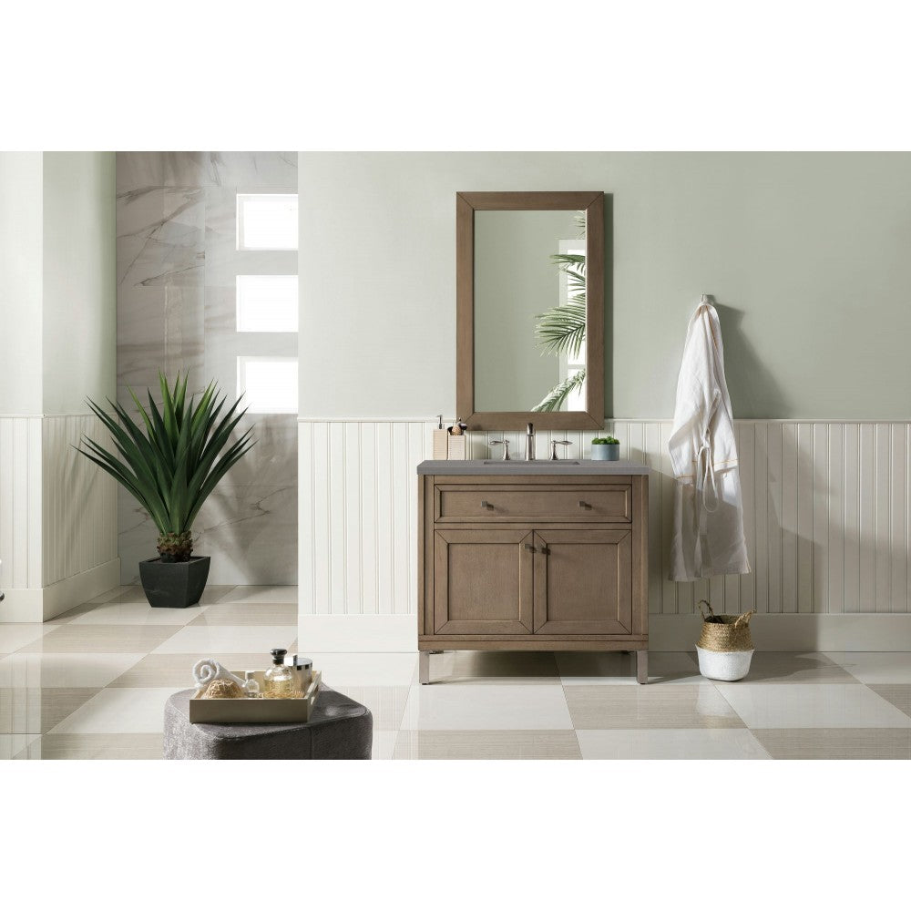 Chicago 36" Single Vanity, Whitewashed Walnut w/ 3 CM Gray Expo Quartz Top