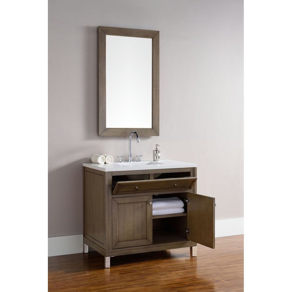 Chicago 36" Single Vanity, Whitewashed Walnut w/ 3 CM Classic White Quartz Top