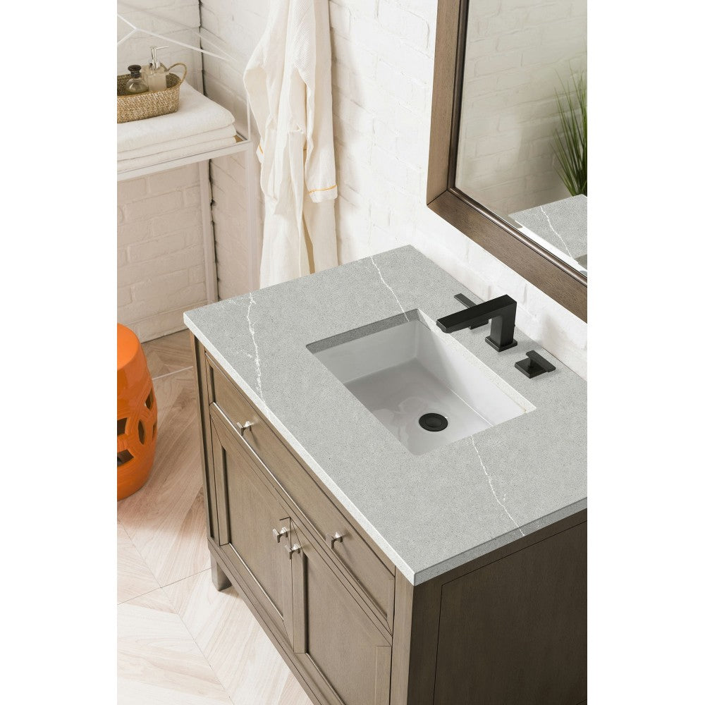Chicago 36" Single Vanity, Whitewashed Walnut w/ 3 CM Eternal Serena Quartz Top