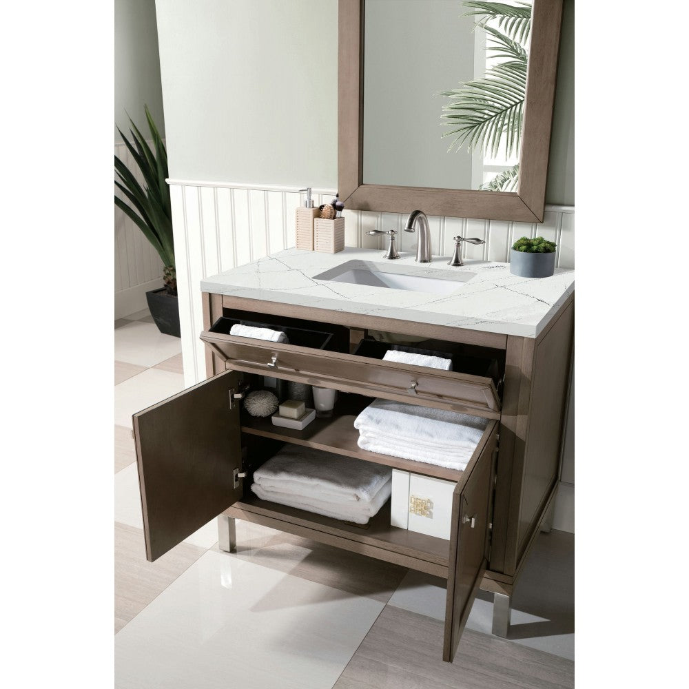 Chicago 36" Single Vanity, Whitewashed Walnut w/ 3 CM Ethereal Noctis Quartz Top