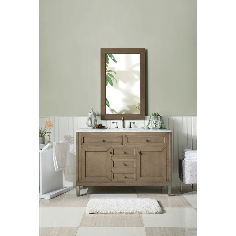 Chicago 48" Single Vanity, Whitewashed Walnut  w/ 3 CM Carrara Marble Top