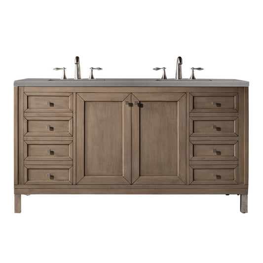 Chicago 60" Double Vanity, Whitewashed Walnut w/ 3 CM Gray Expo Quartz Top