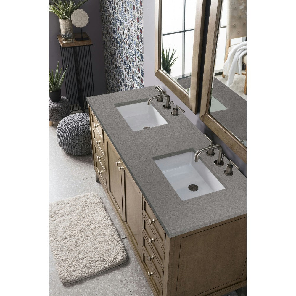 Chicago 60" Double Vanity, Whitewashed Walnut w/ 3 CM Gray Expo Quartz Top