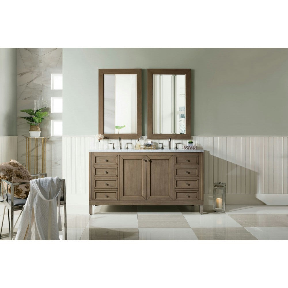 Chicago 60" Double Vanity, Whitewashed Walnut w/ 3 CM Carrara Marble Top