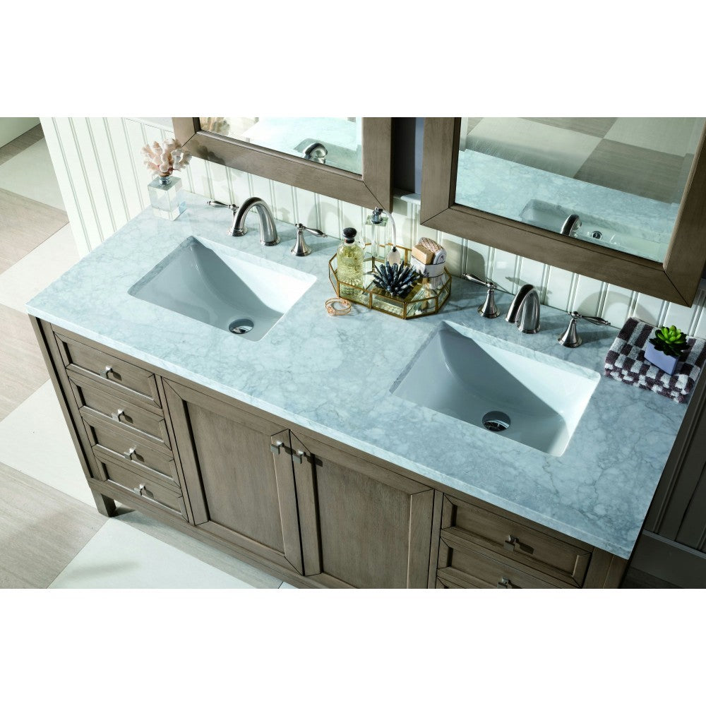 Chicago 60" Double Vanity, Whitewashed Walnut w/ 3 CM Carrara Marble Top