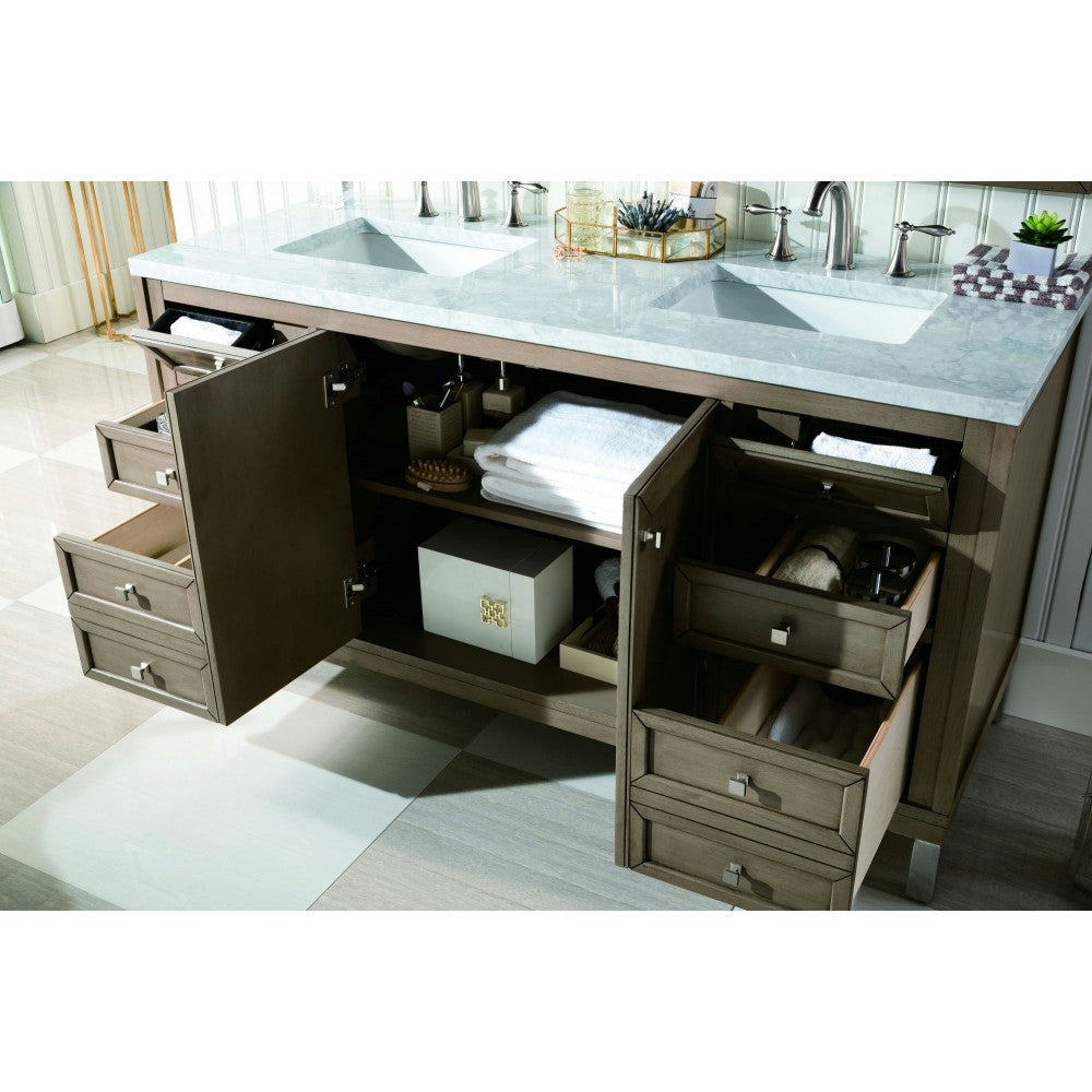 Chicago 60" Double Vanity, Whitewashed Walnut w/ 3 CM Carrara Marble Top