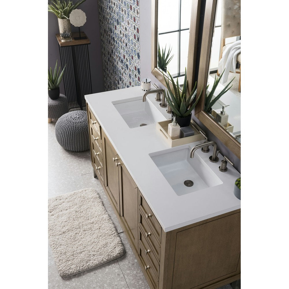 Chicago 60" Double Vanity, Whitewashed Walnut w/ 3 CM Classic White Quartz Top