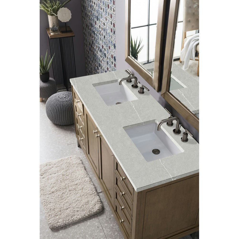 Chicago 60" Double Vanity, Whitewashed Walnut w/ 3 CM Eternal Serena Quartz Top