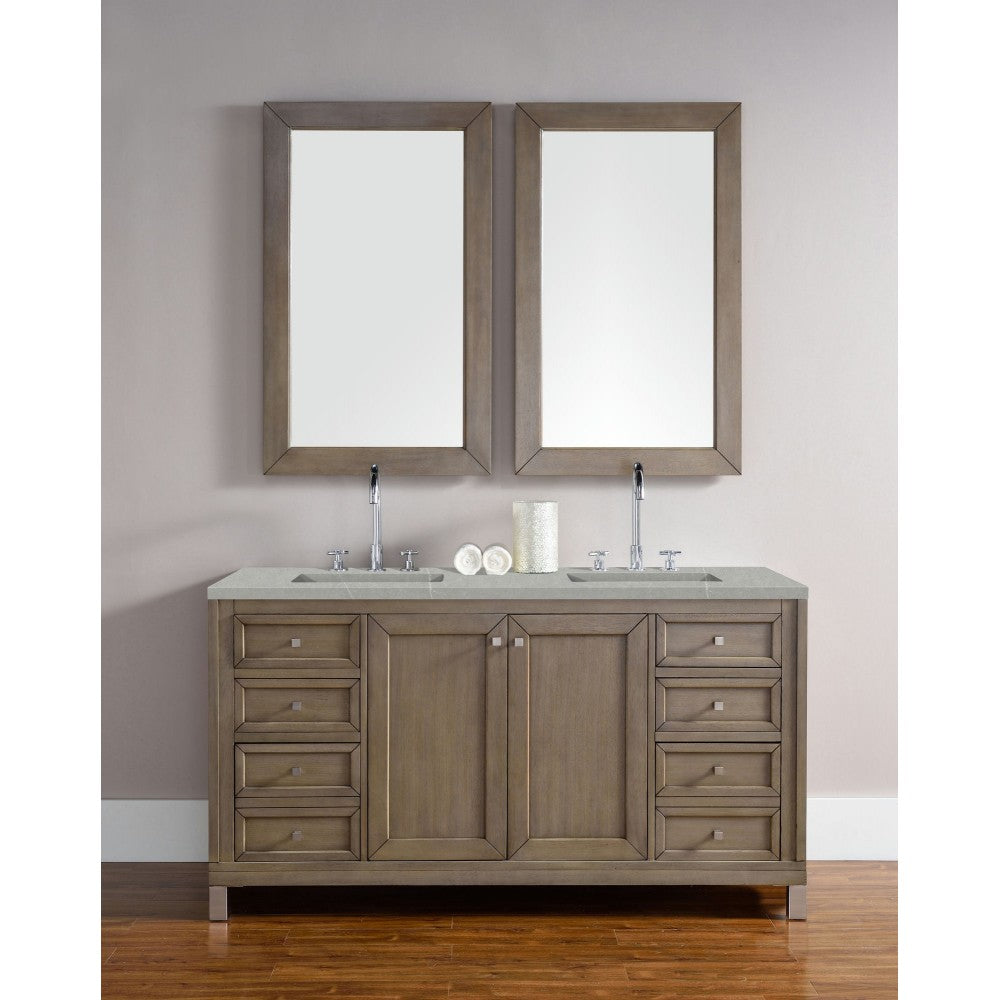 Chicago 60" Double Vanity, Whitewashed Walnut w/ 3 CM Eternal Serena Quartz Top
