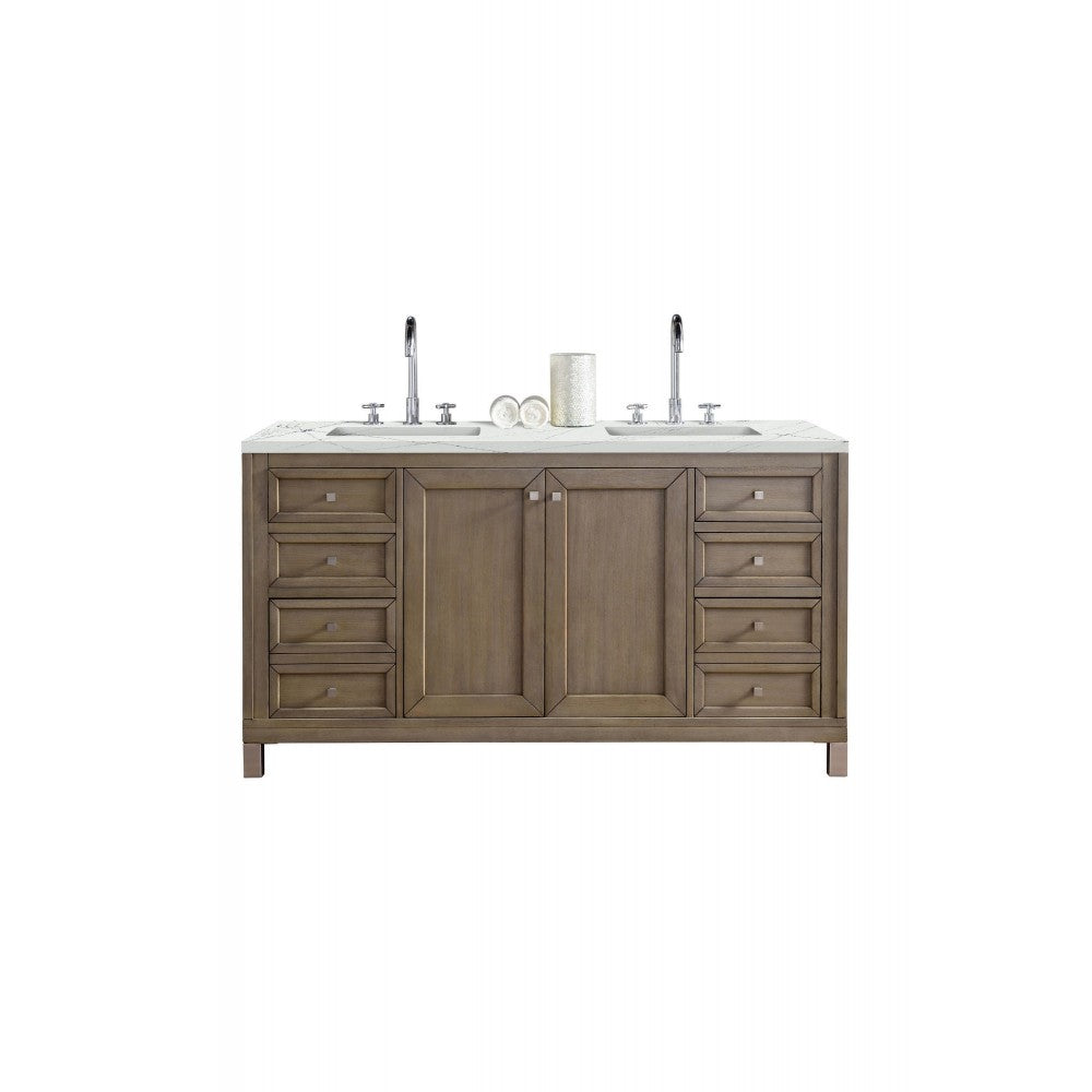 Chicago 60" Double Vanity, Whitewashed Walnut w/ 3 CM Ethereal Noctis Quartz Top