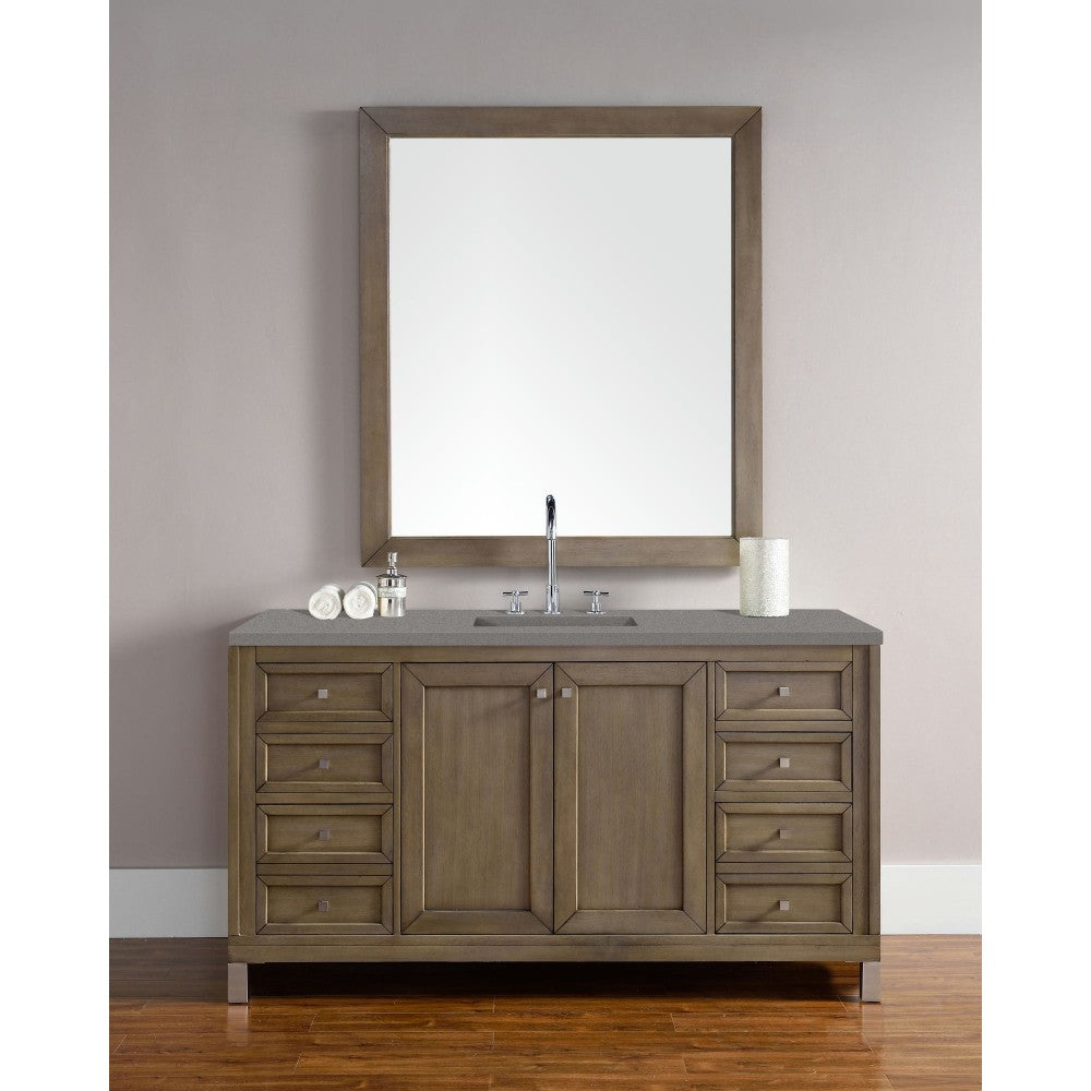 Chicago 60" Single Vanity, Whitewashed Walnut w/ 3 CM Gray Expo Quartz Top