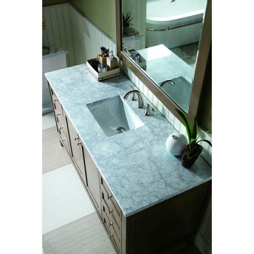 Chicago 60" Single Vanity, Whitewashed Walnut w/ 3 CM Carrara Marble Top