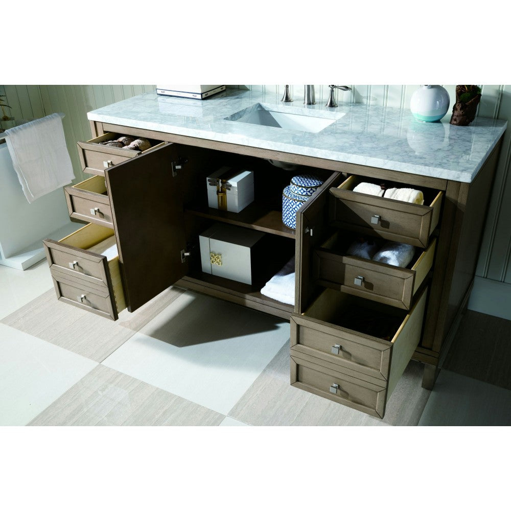 Chicago 60" Single Vanity, Whitewashed Walnut w/ 3 CM Carrara Marble Top