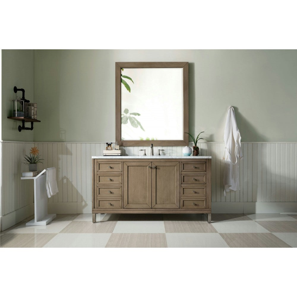 Chicago 60" Single Vanity, Whitewashed Walnut w/ 3 CM Carrara Marble Top