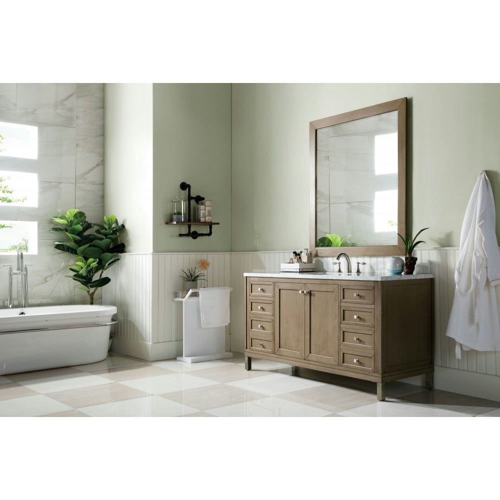 Chicago 60" Single Vanity, Whitewashed Walnut w/ 3 CM Carrara Marble Top