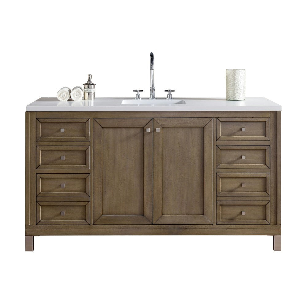 Chicago 60" Single Vanity, Whitewashed Walnut w/ 3 CM Classic White Quartz Top
