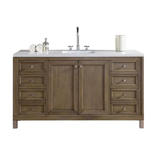 Chicago 60" Single Vanity, Whitewashed Walnut w/ 3 CM Classic White Quartz Top