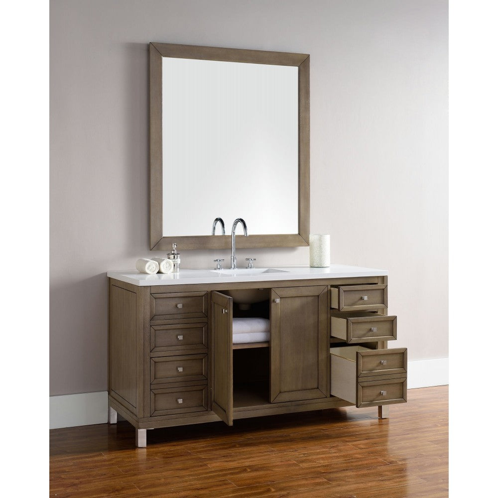 Chicago 60" Single Vanity, Whitewashed Walnut w/ 3 CM Classic White Quartz Top