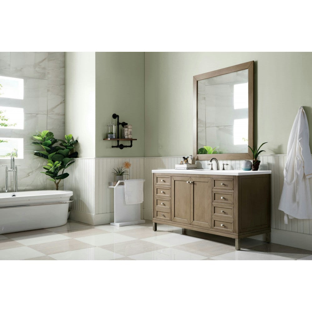 Chicago 60" Single Vanity, Whitewashed Walnut w/ 3 CM Classic White Quartz Top