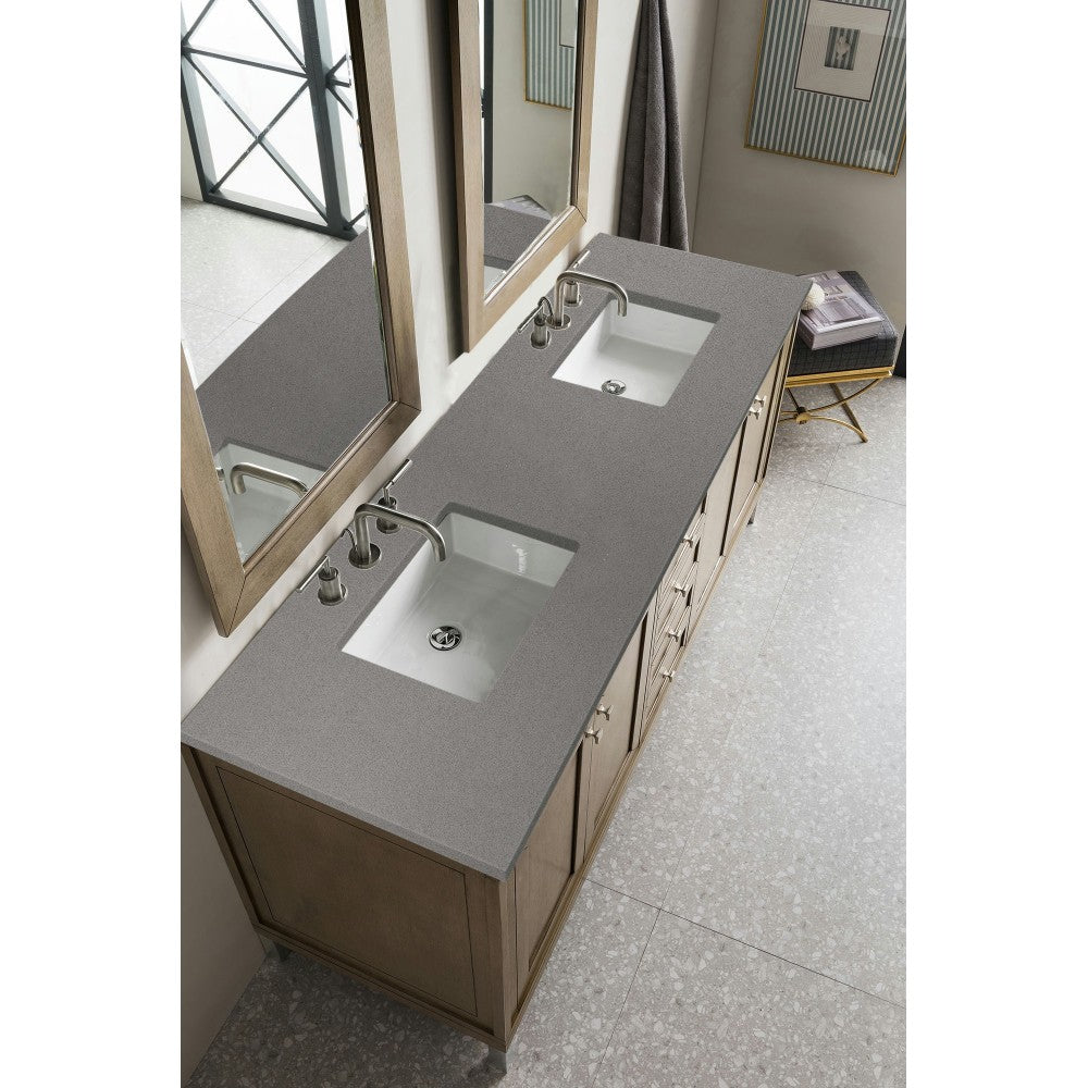 Chicago 72" Double Vanity, Whitewashed Walnut w/ 3 CM Gray Expo Quartz Top